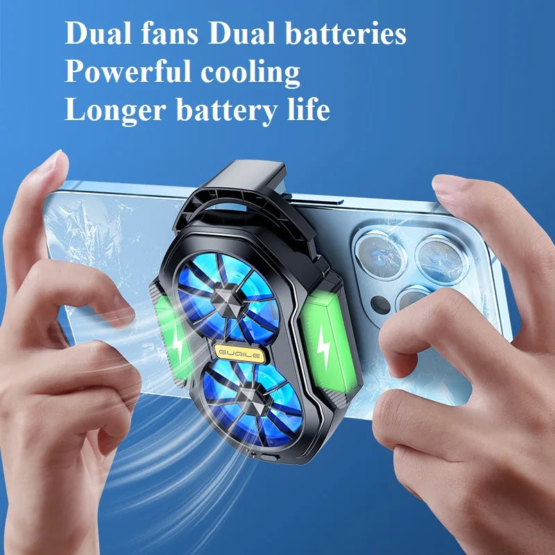 Rechargeable mobile phone cooler with dual fans and batteries for powerful cooling during gaming.