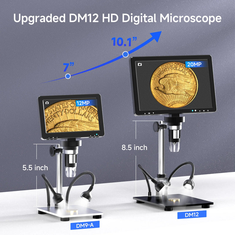 	Digital Microscope DM12 vs DM9-A comparison — upgraded 10.1" screen 20MP vs 7" 12MP, 8.5 inch vs 5.5 inch stand height
