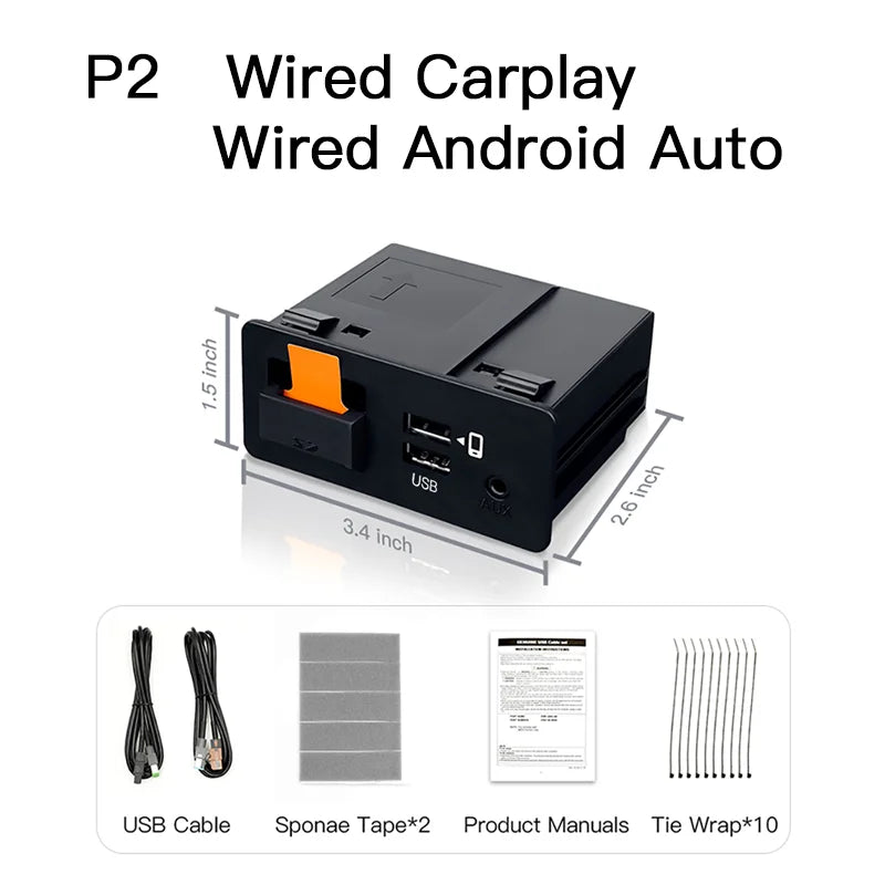 	Mazda CarPlay adapter P2 — wired CarPlay and wired Android Auto kit with USB cable, sponge tape, manual and tie wraps