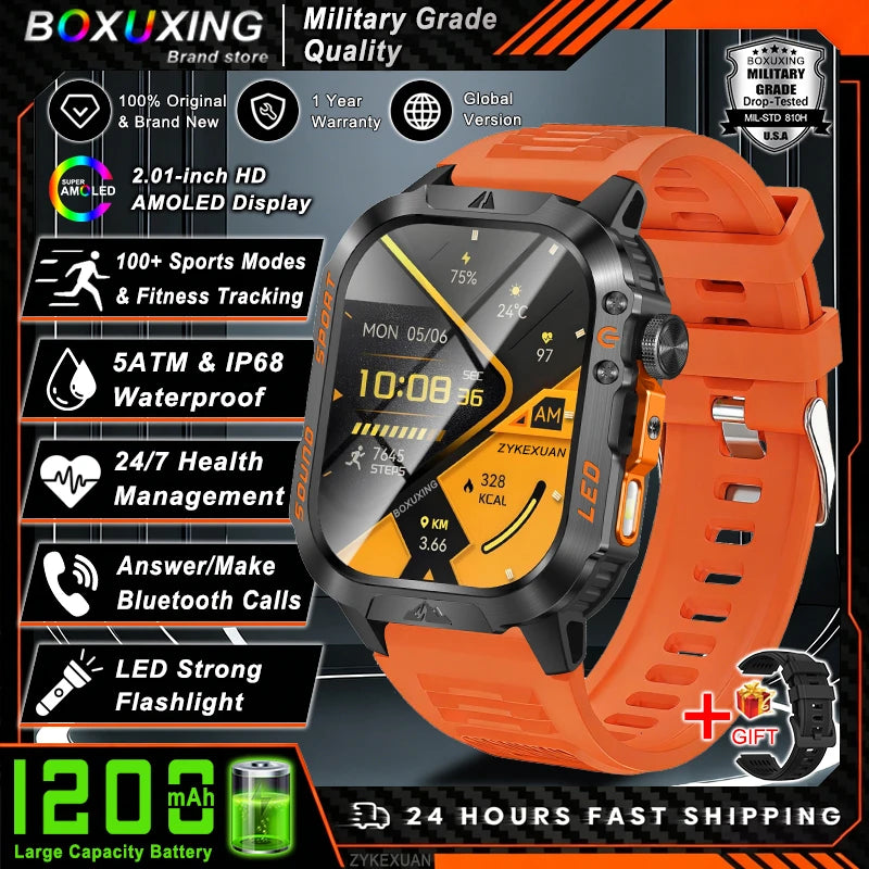 Military Smartwatch 1200mAh – Bluetooth Calls, Heart Rate & 5ATM Waterproof