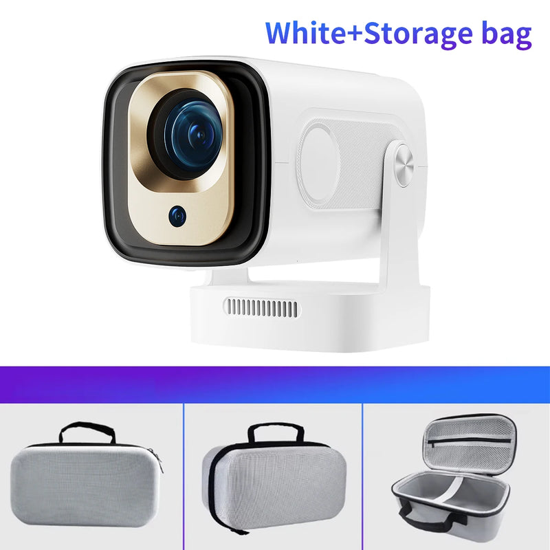 	Magcubic HY310 projector — white colour variant with storage bag, showing three available carry case styles