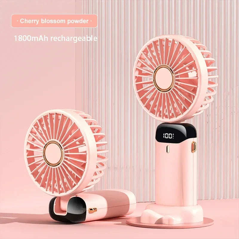 Portable mini neck fan cherry blossom powder pink — 1800mAh rechargeable, folded and upright