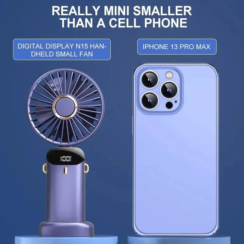 Portable fan next to an iPhone 13 Pro Max on a blue background