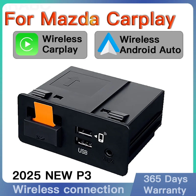 Mazda CarPlay Android Auto adapter featuring USB hub for wireless connection, model 2025 NEW P3 with 365 days warranty