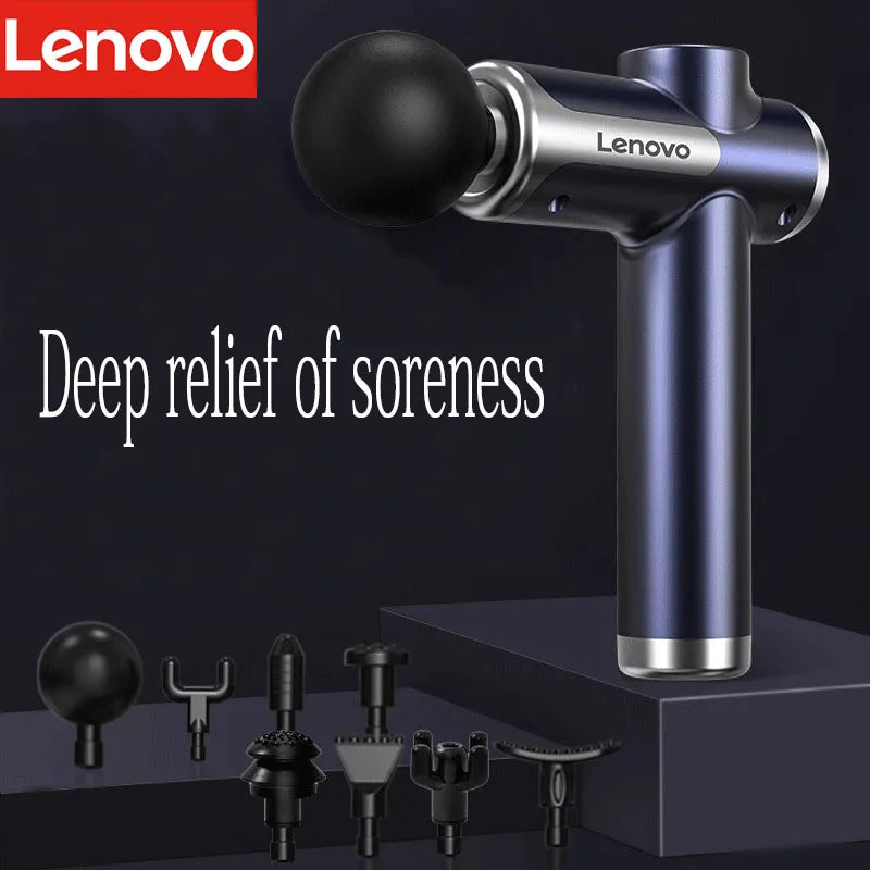 Lenovo portable massage gun blue — deep relief of soreness, 8 interchangeable massage heads displayed