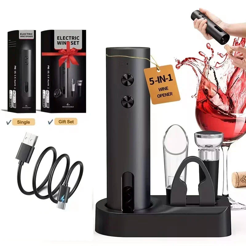Electric Wine Opener Set — USB-C Rechargeable, Foil Cutter, Pourer & Vacuum Stopper