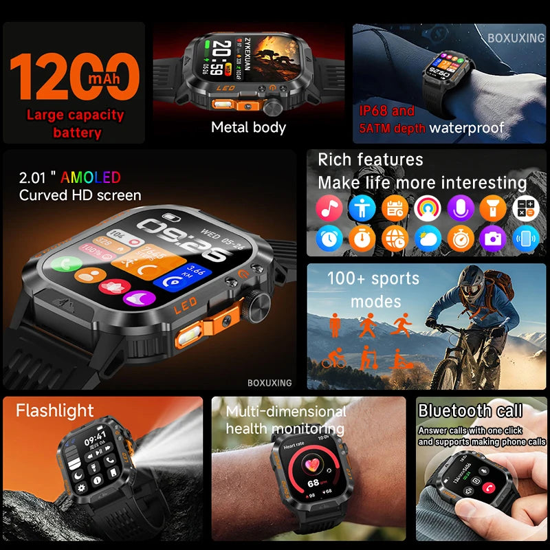 Military Smartwatch 1200mAh – Bluetooth Calls, Heart Rate & 5ATM Waterproof