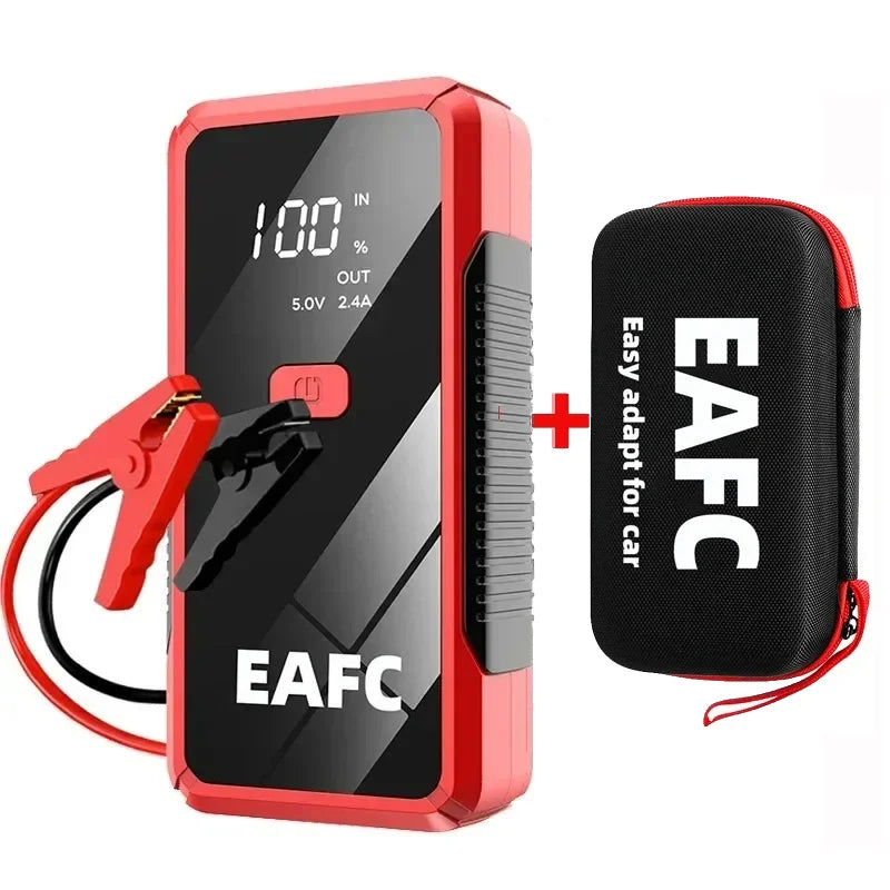 EAFC 12V car jump starter 1000A — black and red design with jumper clamps and retail box packaging