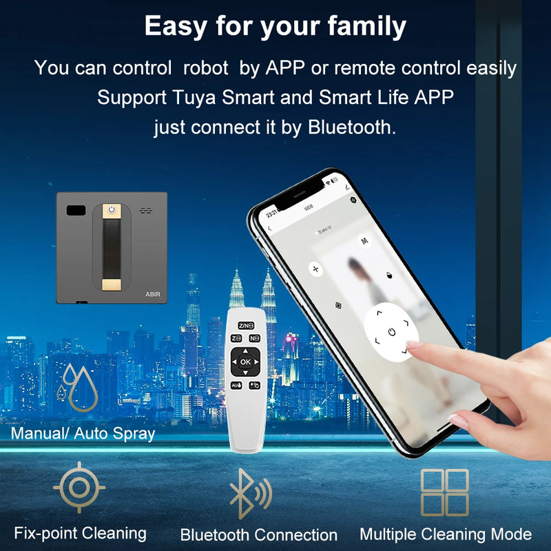 ABIR WD8 robot window cleaner app and remote control — supports Tuya Smart and Smart Life app via Bluetooth, fix-point cleaning and multiple cleaning modes