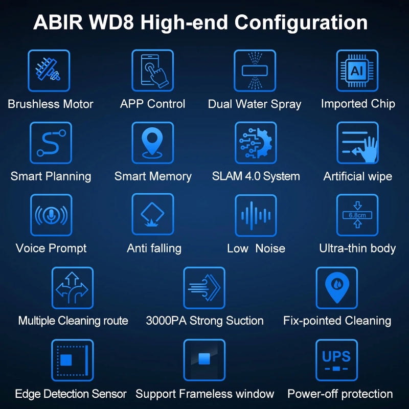 ABIR WD8 robot window cleaner high-end configuration — brushless motor, app control, dual water spray, SLAM 4.0, 3000PA suction, edge detection and UPS power-off protection