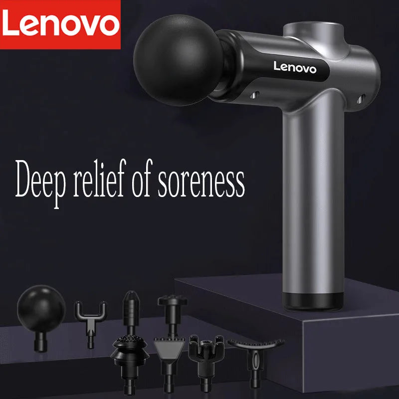 	Lenovo portable massage gun grey — deep relief of soreness, 8 interchangeable massage heads displayed