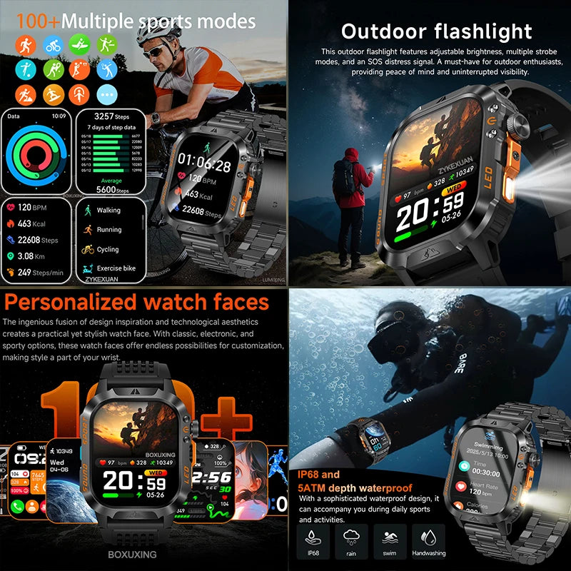 Military Smartwatch 1200mAh – Bluetooth Calls, Heart Rate & 5ATM Waterproof