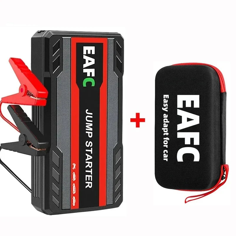 EAFC 12V car jump starter 2000A — red design with jumper clamps and retail box packaging