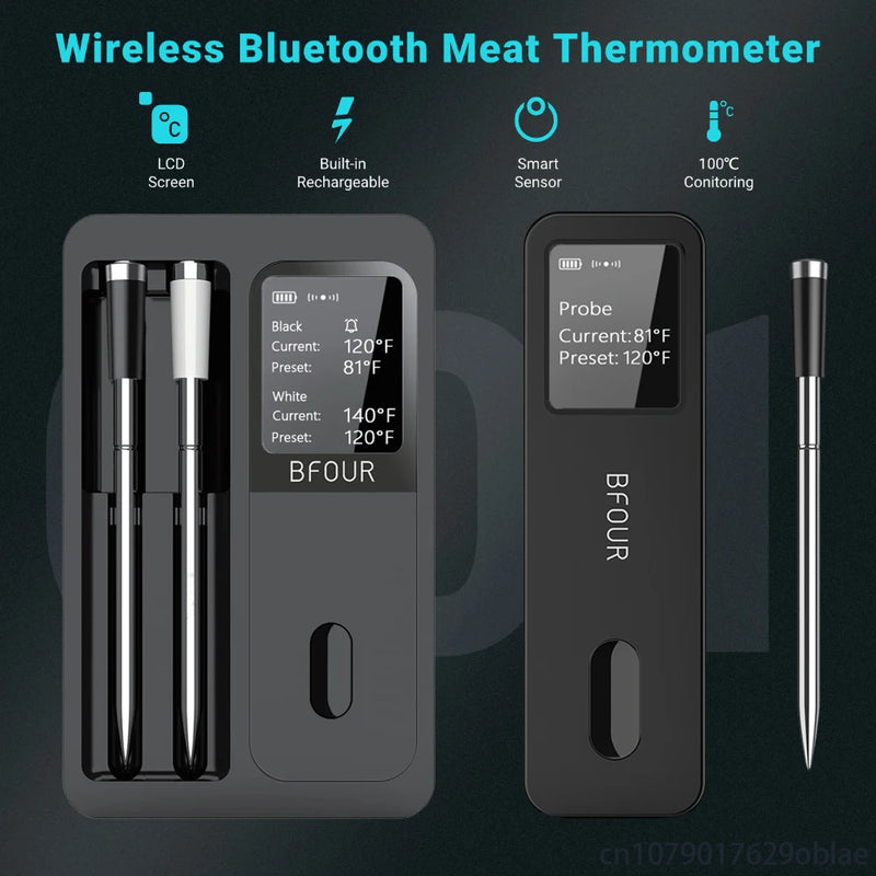 Wireless Bluetooth Meat Thermometer — IP67 Waterproof, LCD Booster, Rechargeable