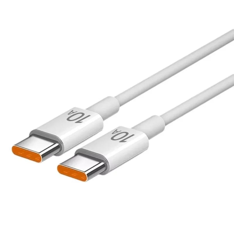 10A USB-C to USB-C charging cable — white, dual USB-C connectors with orange-tipped contacts, included in package
