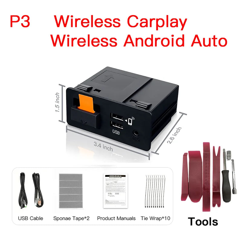 Mazda CarPlay adapter P3 — wireless CarPlay and wireless Android Auto kit with package contents and installation tools