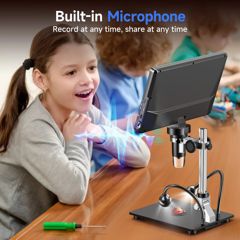 Microscope with tablet on a stand, child using it, with text 'Built-in Microphone' and 'Record at any time, share at any time'.