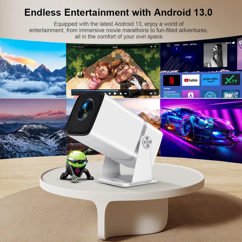 	ThundeaL TD80W mini projector Android 13 — white compact body on tiltable stand, projecting Netflix, YouTube and Prime Video content