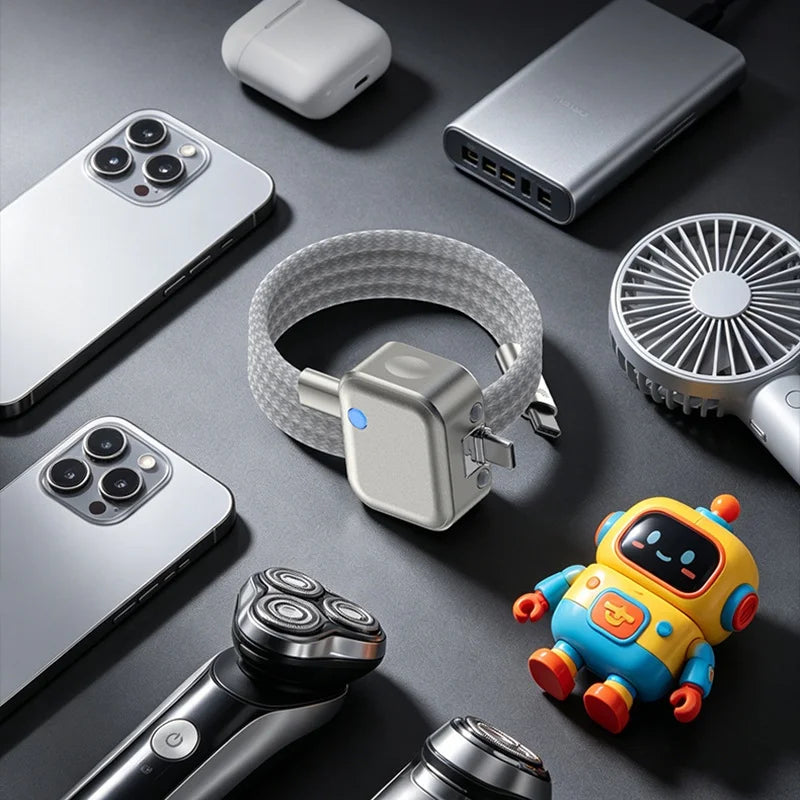 A silver portable power bank with a textured gray wrist strap and a small blue indicator light, arranged on a dark gray surface with other tech accessories including two silver smartphones, a white earbud case, a silver power bank, a white handheld fan, two black electric shavers, and a small yellow-and-blue robot toy.