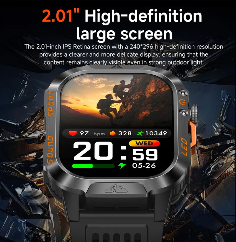 Military Smartwatch 1200mAh – Bluetooth Calls, Heart Rate & 5ATM Waterproof