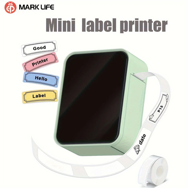 	Marklife P15 Bluetooth thermal label printer — black, front view with label printing