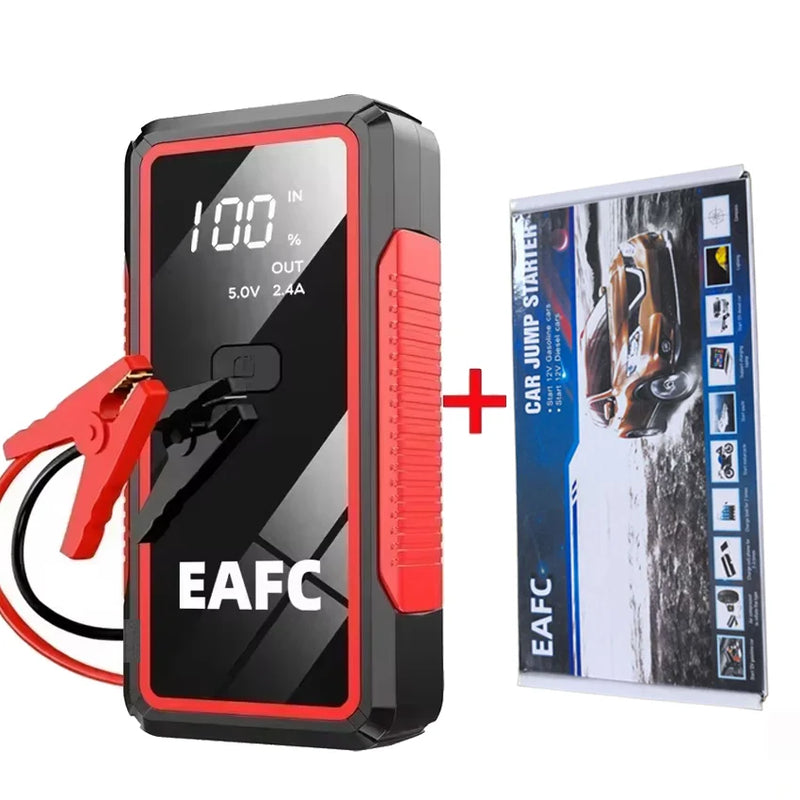 	EAFC 12V car jump starter — red and black slim design with LCD display showing 100% charge, with carrying case