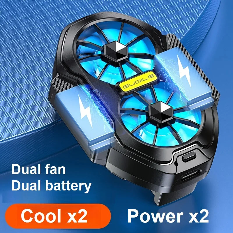 Rechargeable mobile phone cooler with dual fans and battery for effective cooling during gaming.