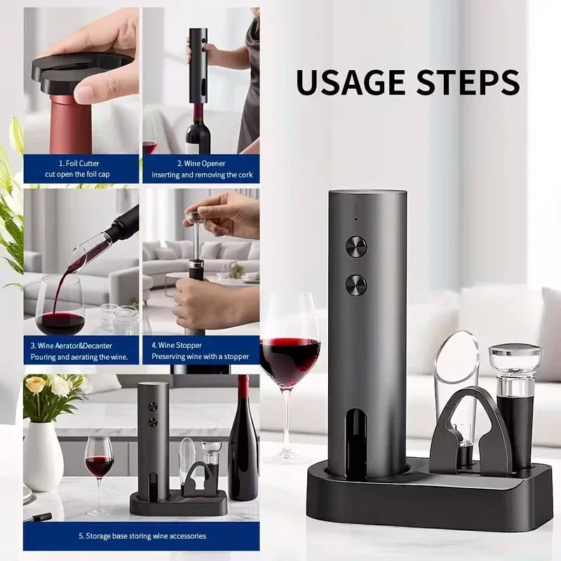 Electric Wine Opener Set — USB-C Rechargeable, Foil Cutter, Pourer & Vacuum Stopper