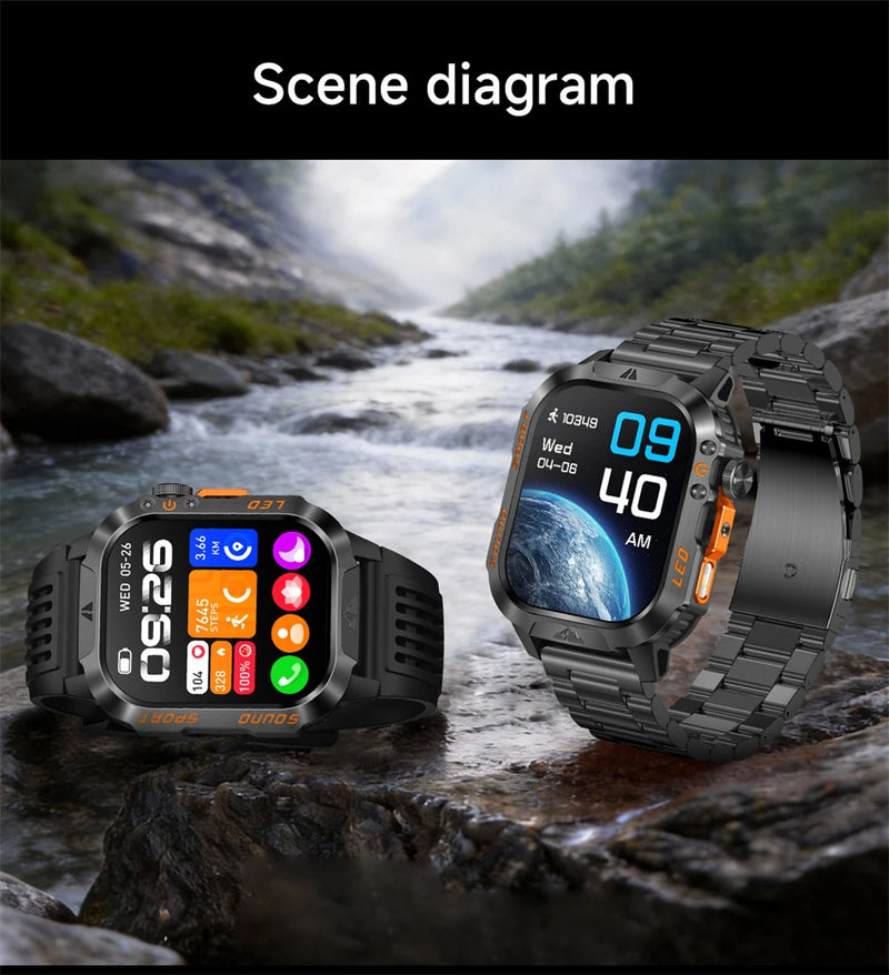 Military Smartwatch 1200mAh – Bluetooth Calls, Heart Rate & 5ATM Waterproof