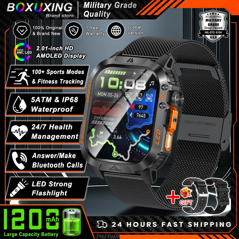 Military Smartwatch 1200mAh – Bluetooth Calls, Heart Rate & 5ATM Waterproof