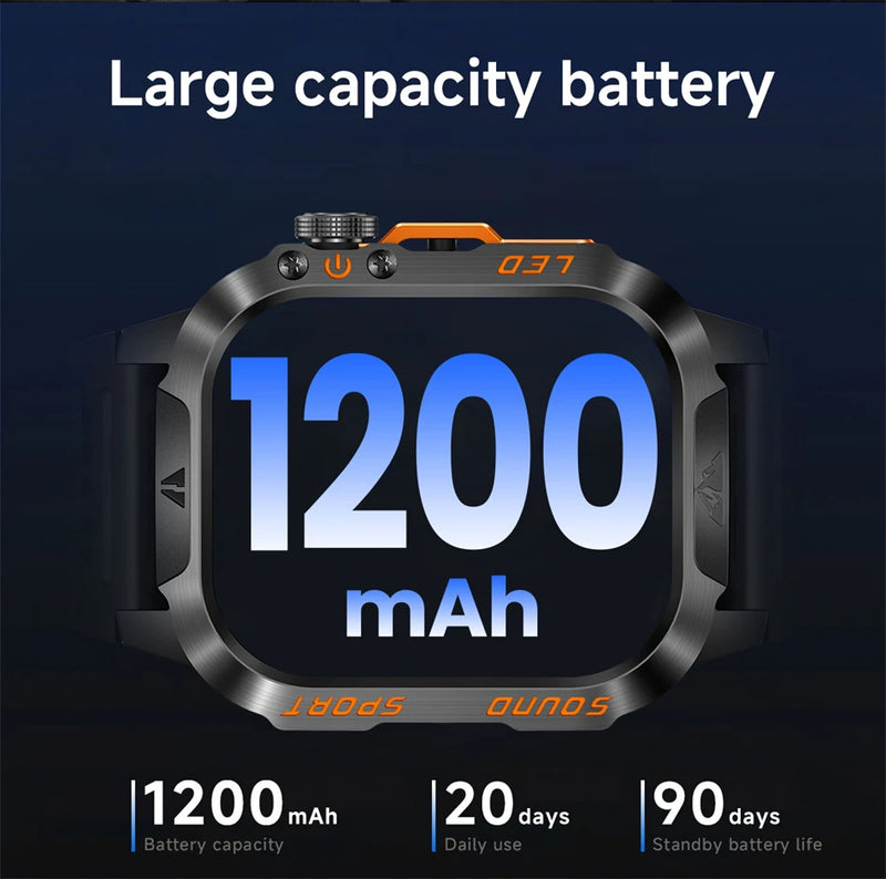 Military Smartwatch 1200mAh – Bluetooth Calls, Heart Rate & 5ATM Waterproof
