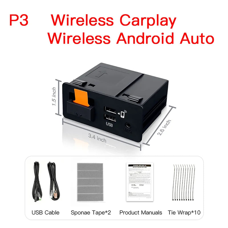 Mazda CarPlay adapter P3 — wireless CarPlay and wireless Android Auto kit with package contents and dimensions