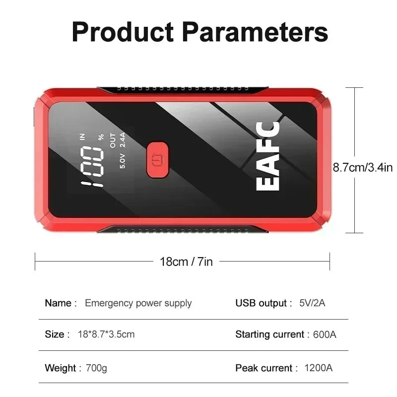 12V Car Jump Starter Portable Power Bank showing product parameters, dimensions, and USB output specifications.