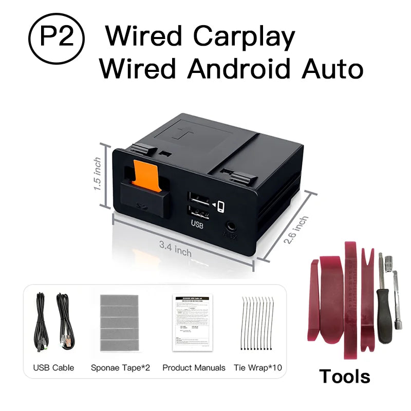 Mazda CarPlay adapter P2 — wired CarPlay and wired Android Auto kit with package contents and installation tools