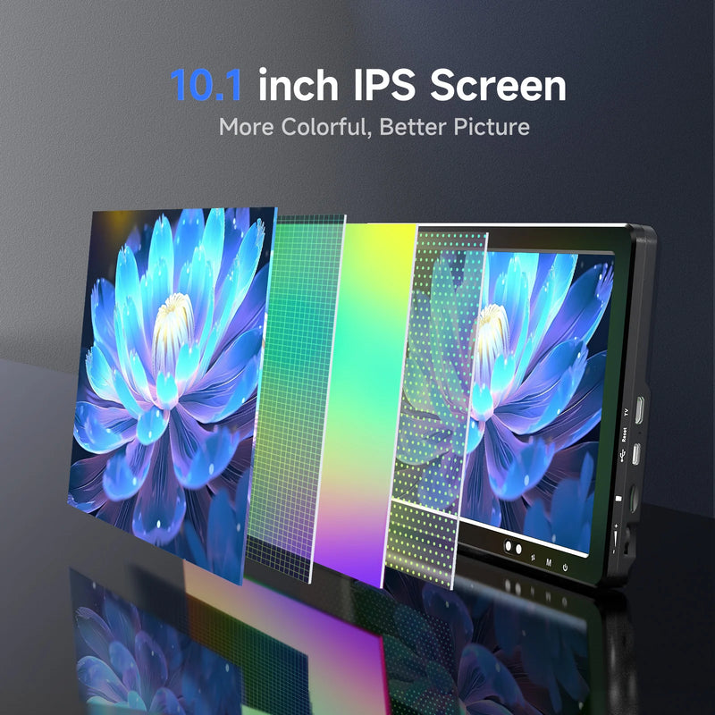 Digital Microscope DM12 — 10.1" IPS display showing 20MP coin magnification with HDMI output