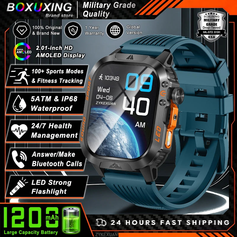 Military Smartwatch 1200mAh – Bluetooth Calls, Heart Rate & 5ATM Waterproof