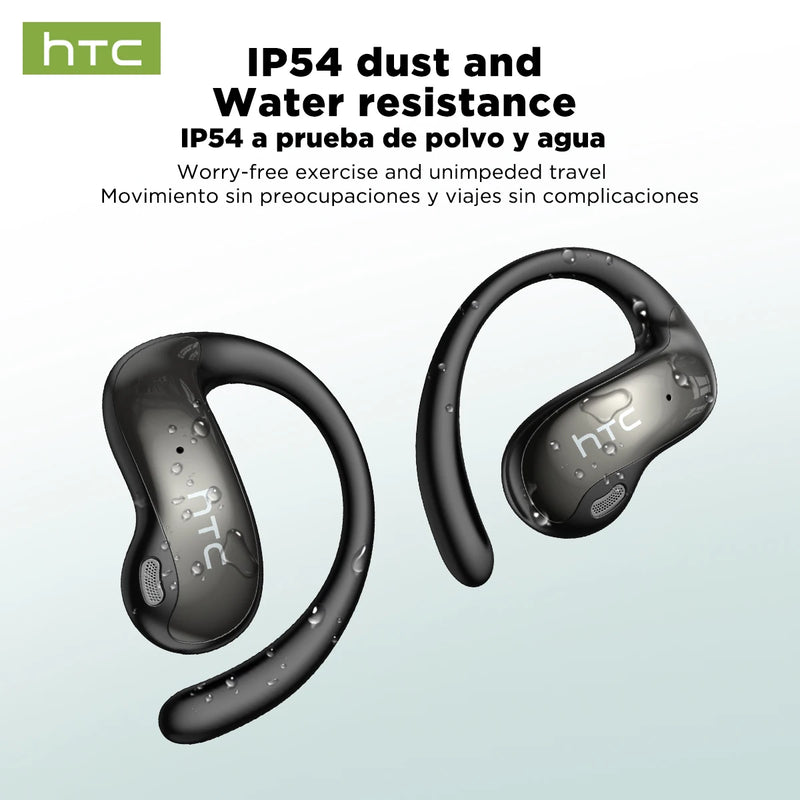 	HTC NE19 AI translation earbuds black — IP54 dust and water resistance rating, safe for exercise and travel