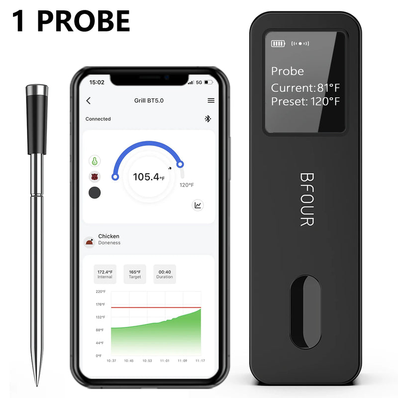 Wireless Bluetooth Meat Thermometer — IP67 Waterproof, LCD Booster, Rechargeable