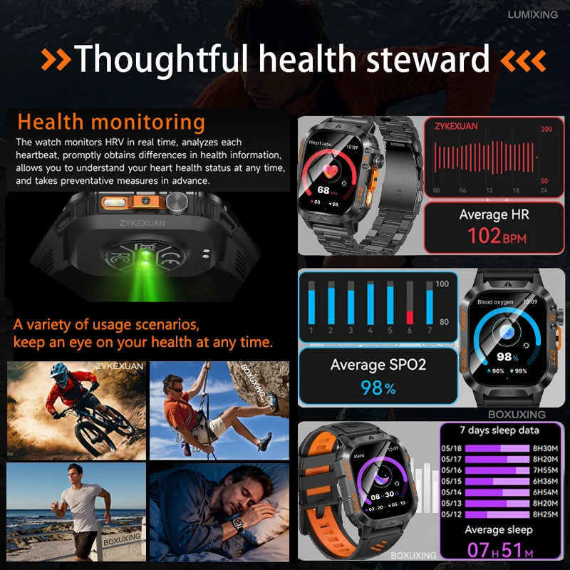 Military Smartwatch 1200mAh – Bluetooth Calls, Heart Rate & 5ATM Waterproof
