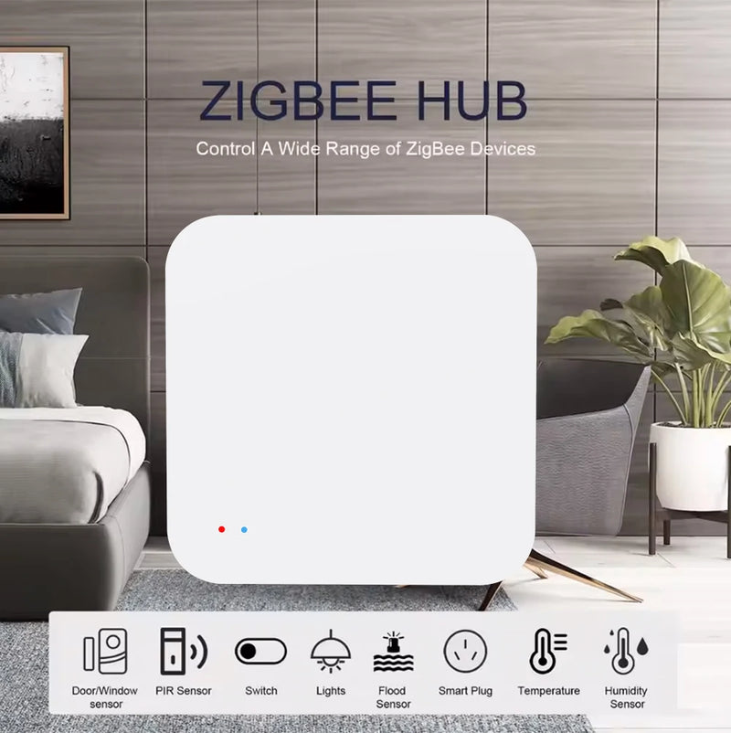 	Tuya Zigbee smart hub — controls door/window sensors, PIR sensors, switches, lights, flood sensors, smart plugs, temperature and humidity sensors