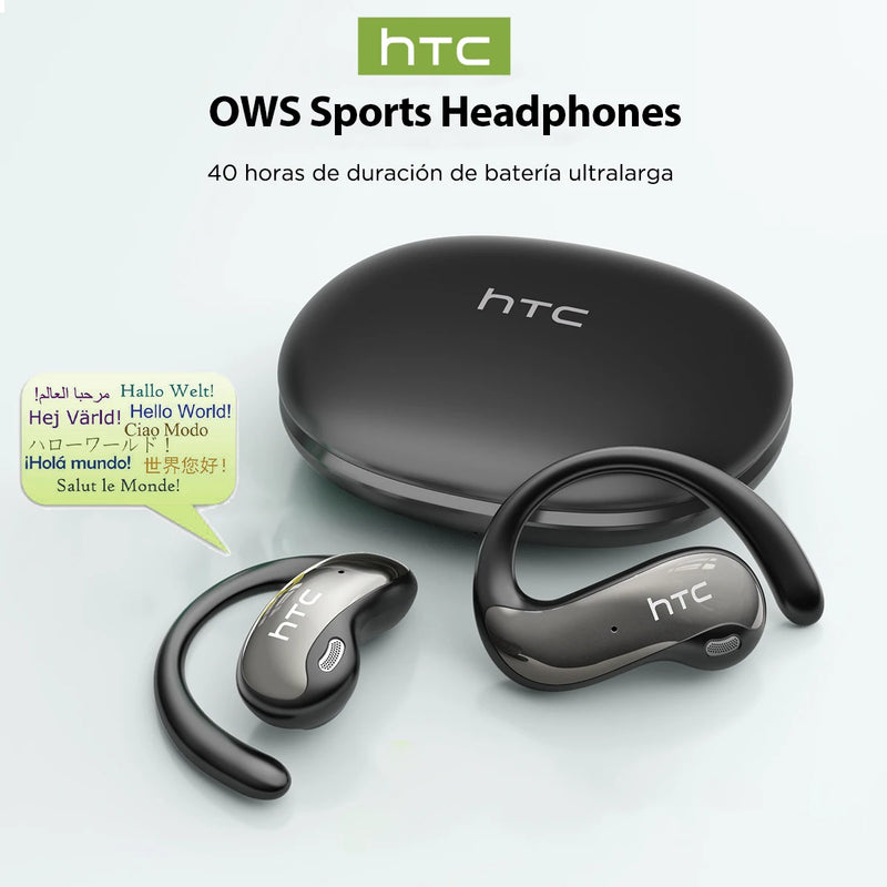 	HTC NE19 AI translation earbuds — black open-ear sport design with ear hook, front view showing charging case