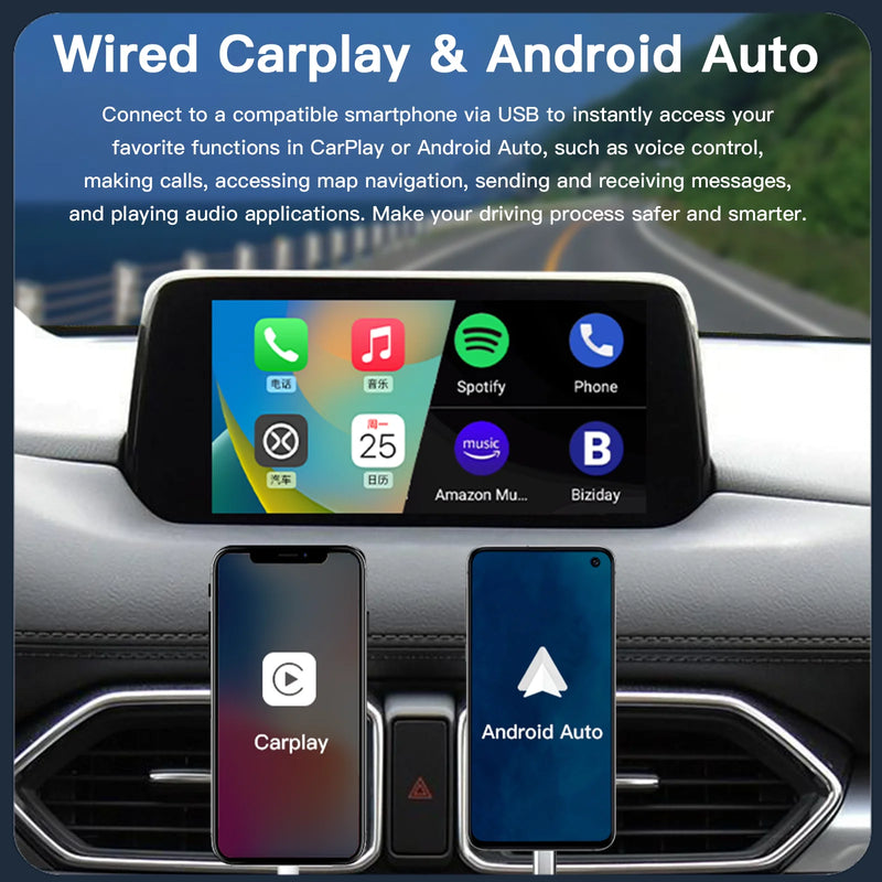 Mazda CarPlay Android Auto adapter displayed on a car dashboard connecting smartphones for navigation and voice control.