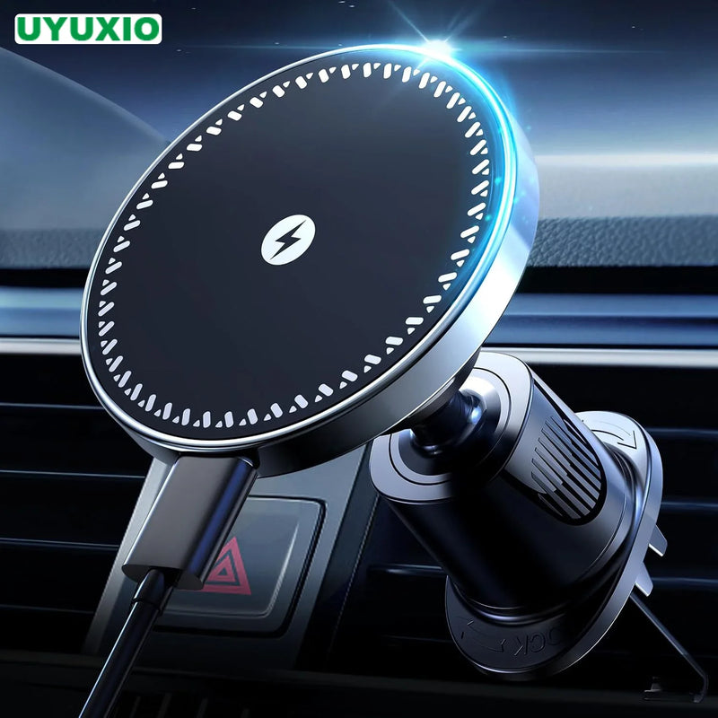 	Lekente magnetic wireless car charger 15W — air vent mount with blue LED ring, charging iPhone in car
