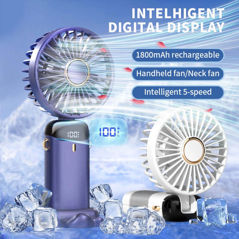 Handheld fan with digital display and 1800mAh rechargeable feature on a blue background.