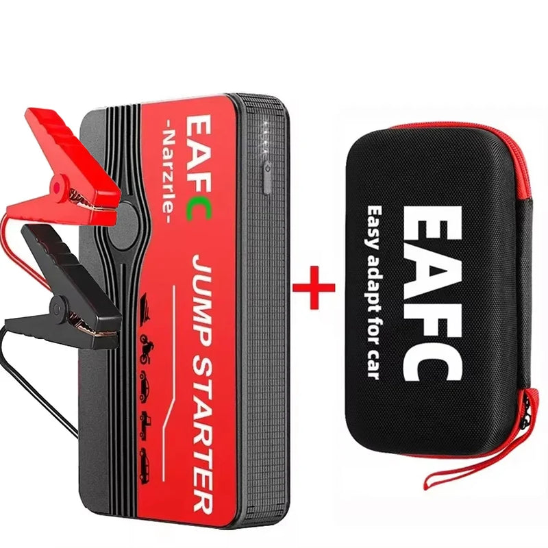 EAFC 12V car jump starter — package contents including jump starter, clamps, USB cable, carrying case and manual
