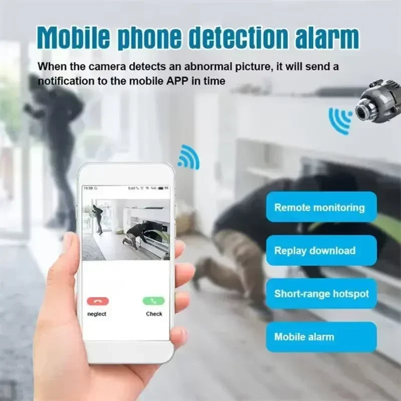 	Mini WiFi security camera X5 — app remote live view on smartphone, real-time monitoring from anywhere