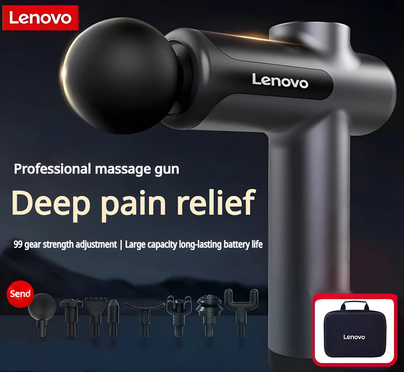 	Lenovo portable massage gun grey — deep relief of soreness, 8 interchangeable massage heads displayed