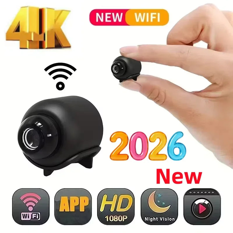 	Mini WiFi security camera X5 1080P — black cylindrical body, front view showing wide-angle lens and stand