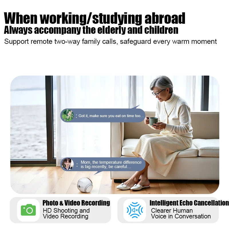 Smart robot security camera used for remote family companion — two-way calls with elderly, photo and video recording