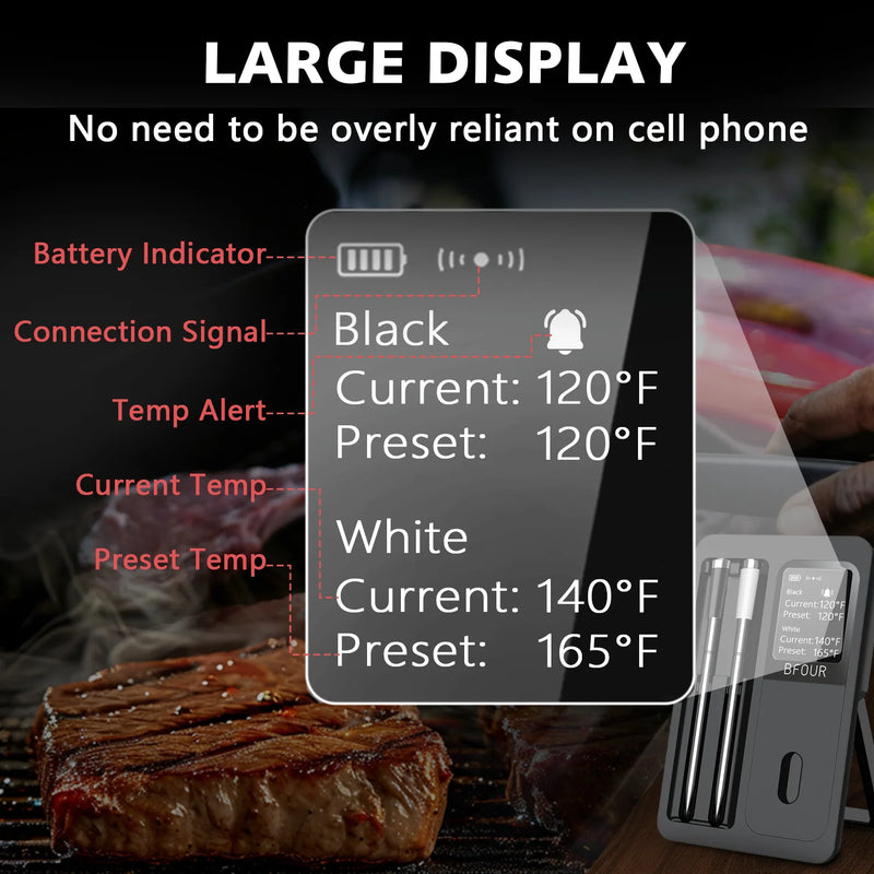 Wireless Bluetooth Meat Thermometer — IP67 Waterproof, LCD Booster, Rechargeable